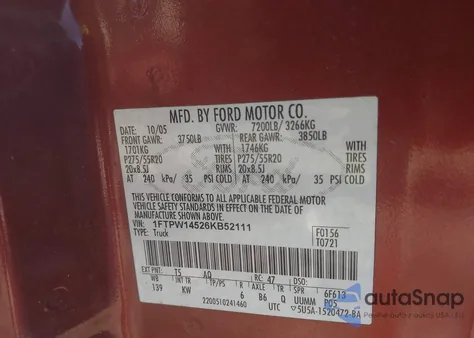 2006 Ford F-150 Fx4/Lariat/Xlt из США, поврежденный, VIN 1FTPW14526KB52111